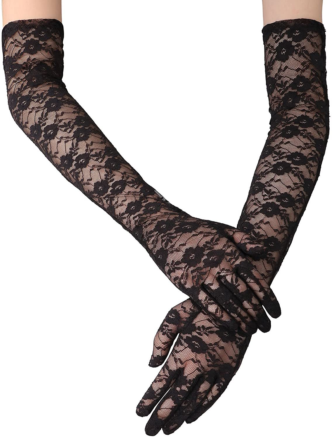 Găng tay nữ dáng dài chất liệu ren, trang trí hoa xinh xắn, đủ 2 màu đen, trắng BT20