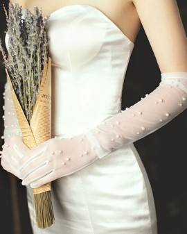 Găng tay LƯỚI MỎNG DÀI 55cm cho cô dâu/ găng tay chụp ảnh, đi sự kiện màu trắng đính hạt cườm XINH XẮN BT16